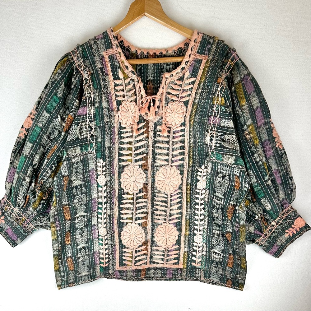 Bohemian Vintage Guatemala Ikat Woven‎ Embroidered Floral  Puff Sleeve Tunic